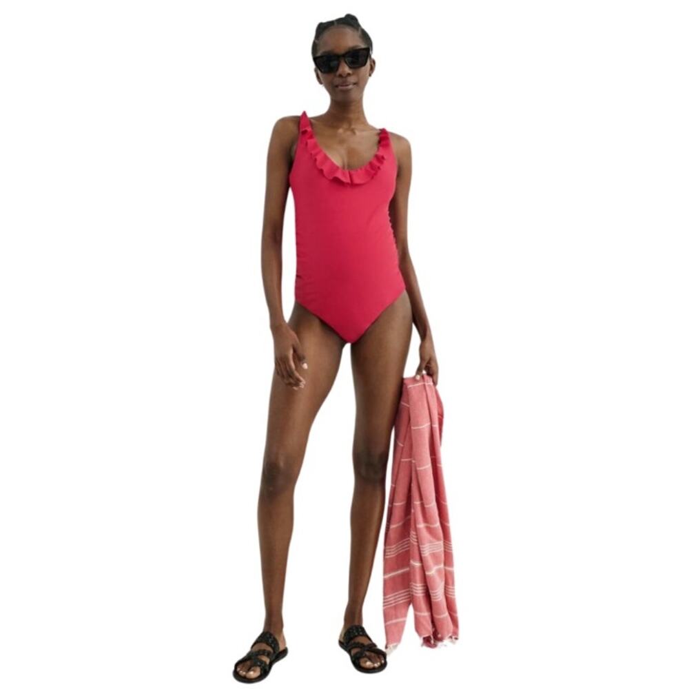 NWT Hatch The Antigua Maillot One-Piece Ruffled Maternity Swimsuit Pink Sz L